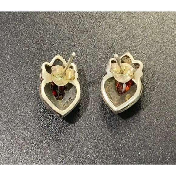 Vintage 925 Marcasite & Garnet Earrings Teardrop Cab Stud Pierced - Picture 5 of 7